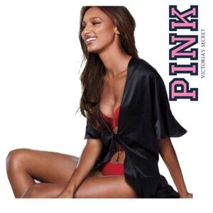 Victoria's Secret Black Luxe Silk Robe‎ w/ Tie 6125